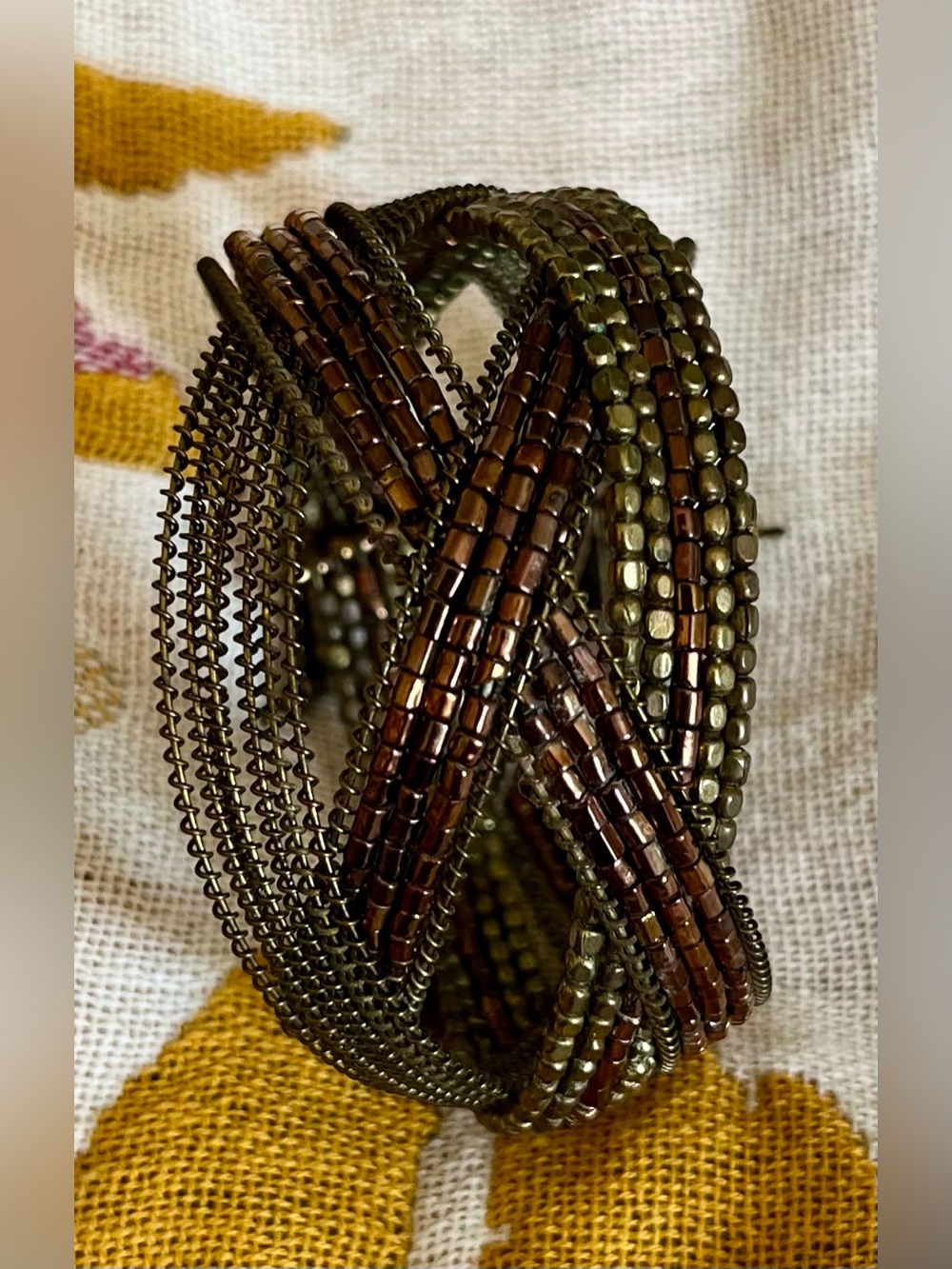 Multistrand Braided Seed Bead Bracelet - Olive Green & Brown, Vintage